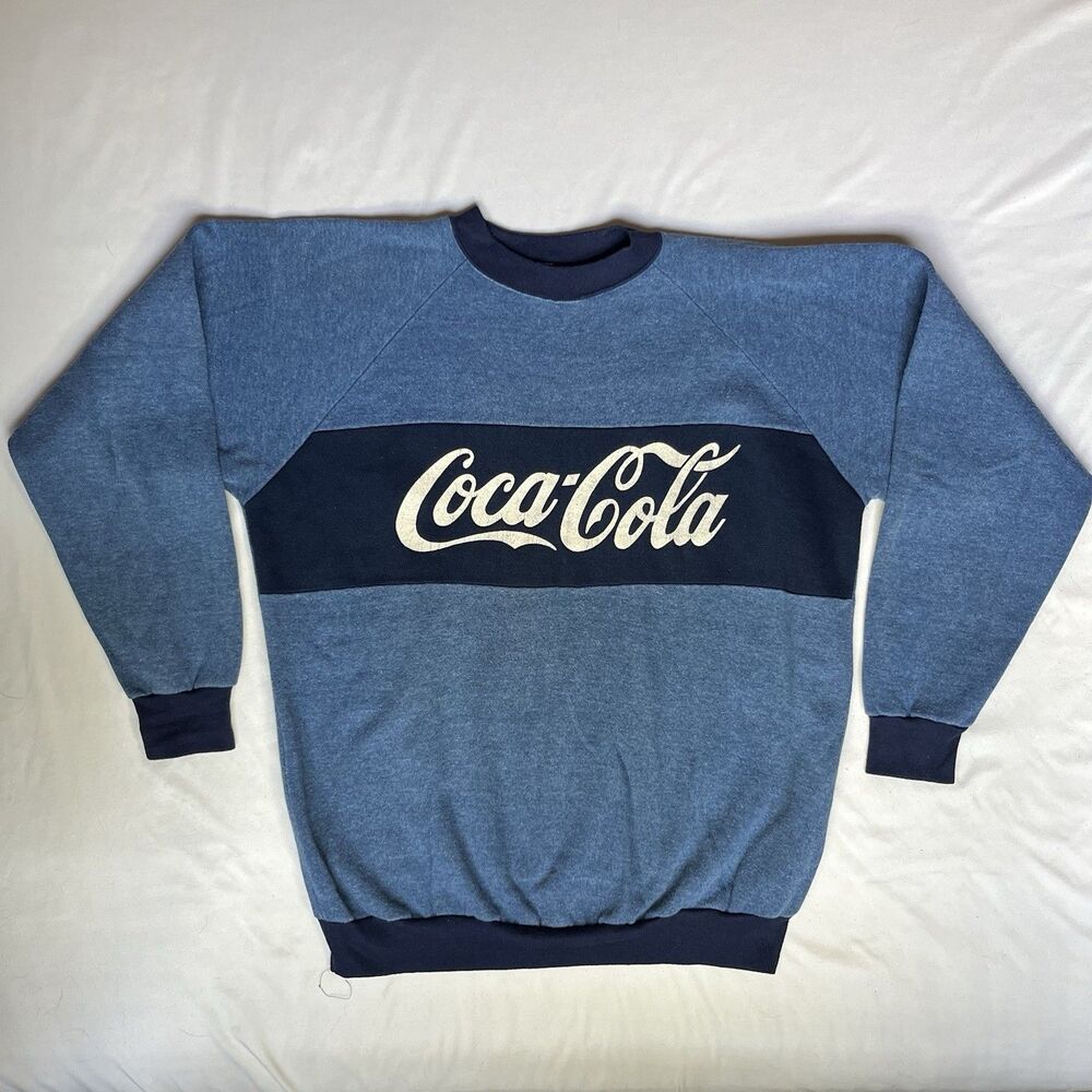 Vintage 80s Coca-Cola Logo Spell Out USA Made Blue Graphic Promo Sweatshirt Sz L